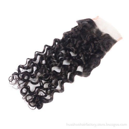 Huashuo Highest Discounts New Arrival Natural Black Brazilian Virgin Human Curved Part Water Wave Hair Lace Closure